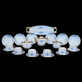 16 Piece Tea Set, Marked Bavaria, Blue And White Lustre With Blue Floral Decor