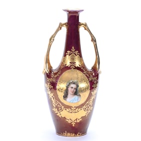 Two-Handled Vase, Marked E.S. Germany, Medallion Portrait Of Young Woman