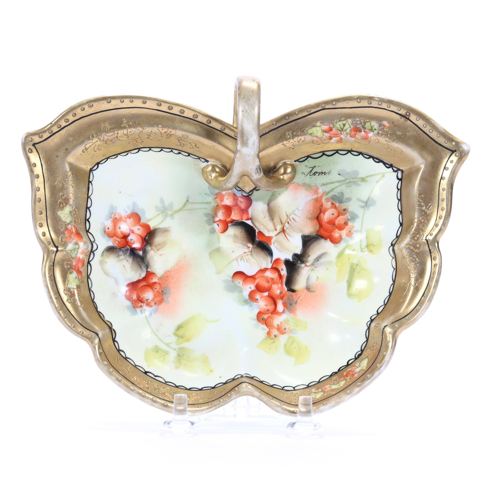 Handled Butterfly Shaped Nappy, Marked Nippon, Hand Painted Currant Decor (1 of 3)