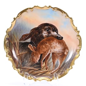 Charger, Marked Limoges, Hand Painted Hound Dog And Rabbit