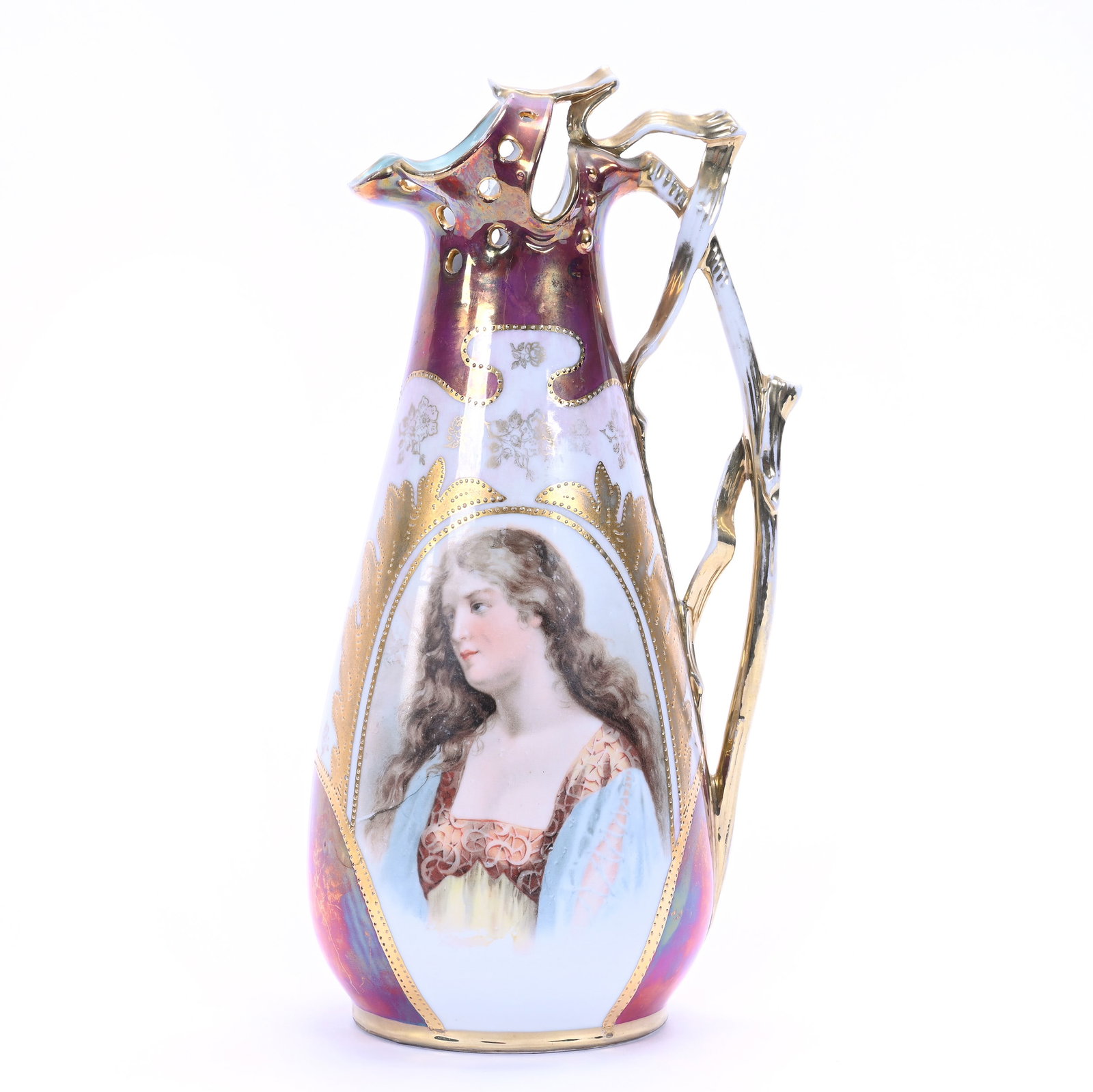 Ewer, Marked St. Killian, Portrait Of Young Woman: Ewer, Marked St. Killian, Portrait Of Young Woman, 10.75" x 5", Iridescent Bronze Border, Elaborate Mold, Some Gold Wear On Handle, Illinois Private Collection.
