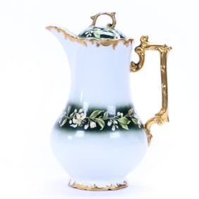 Lidded Pitcher With Ice Catch, Marked T&V Limoges, Green And White Tones With Floral Decor
