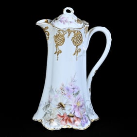 Chocolate Pot, Marked Limoges, White With Wild Floral Decor