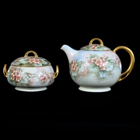 Two-Piece Tea Set, Marked Royal Bavaria, Hand Painted Pink Floral Decor