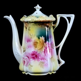 Tea Pot, Marked R.S. Prussia, Stipple Mold, Pink And Yellow Rose Decor