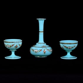 Decanter Set, Blue Opaque Art Glass With Colorful Floral Garland Decor