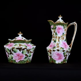 Matching Chocolate Pot And Biscuit Jar, Marked R.S. Prussia, White With Green Border