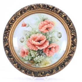 Framed Plate, Marked Heinrich Germany, Hand Painted Poppy Decor