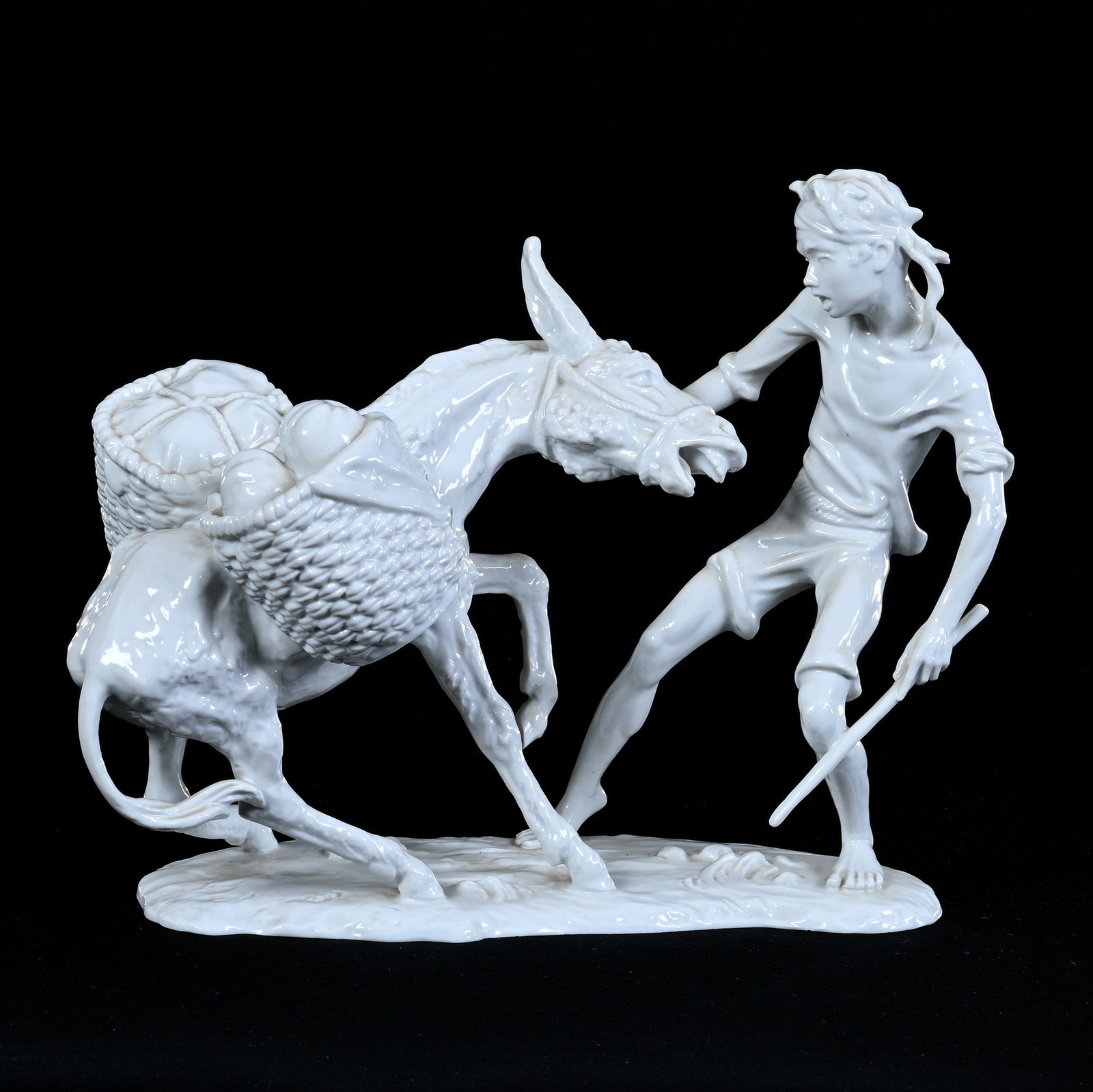 Figural Group, Marked Bavaria, White Porcelain: Figural Group, Marked Bavaria, White Porcelain, 8" x 9.5", Features Stubborn Mule And Frustrated Boy, Base Nick, Illinois Private Collection.
