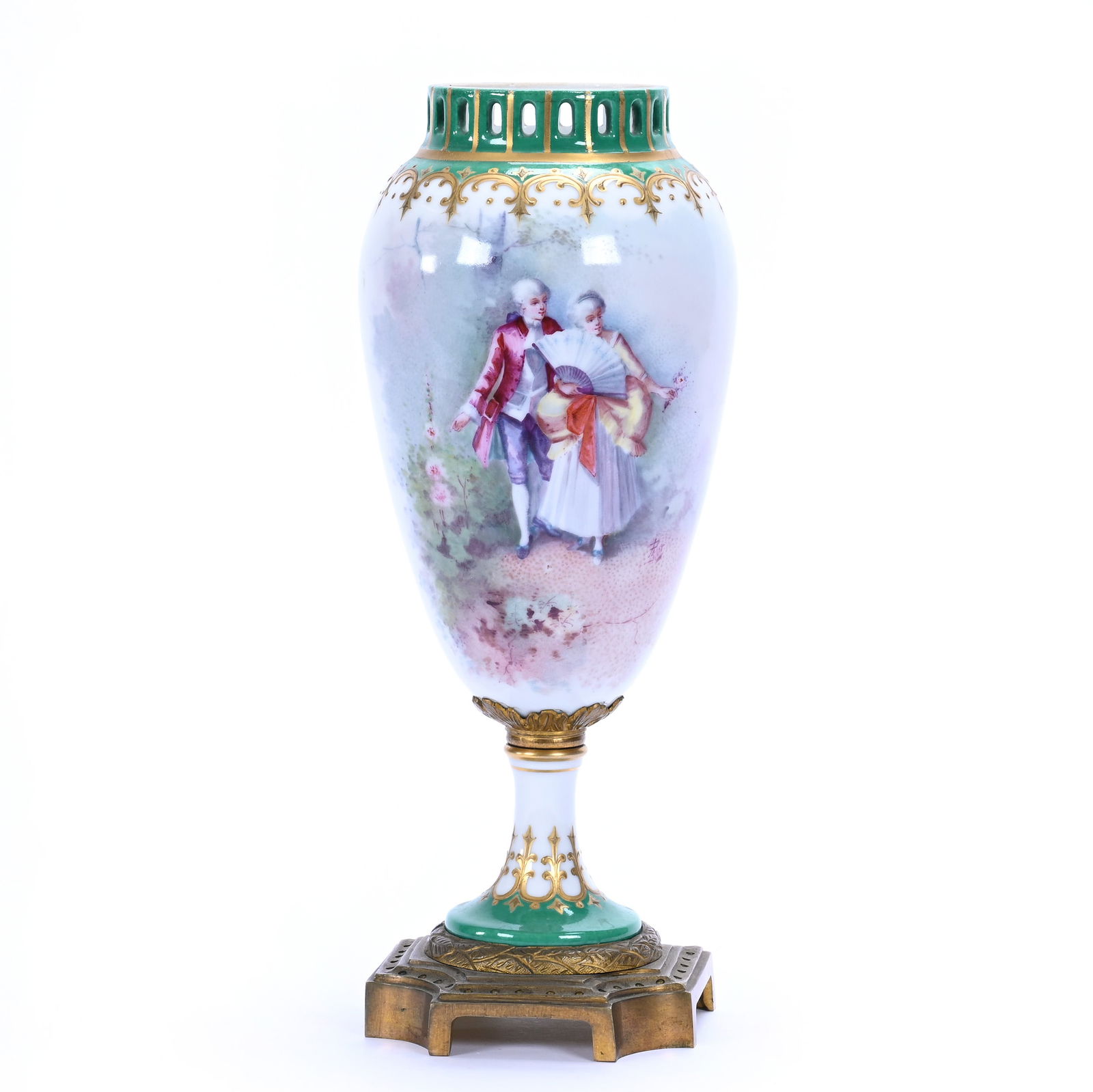 Pedestal Vase, Unmarked Sevres, Hand Painted Courting Scene Decor (1 of 4)