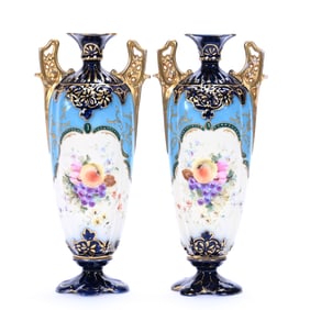 Pair Of Two-Handled Vase, Marked Rudolstadt, Fruit Decor