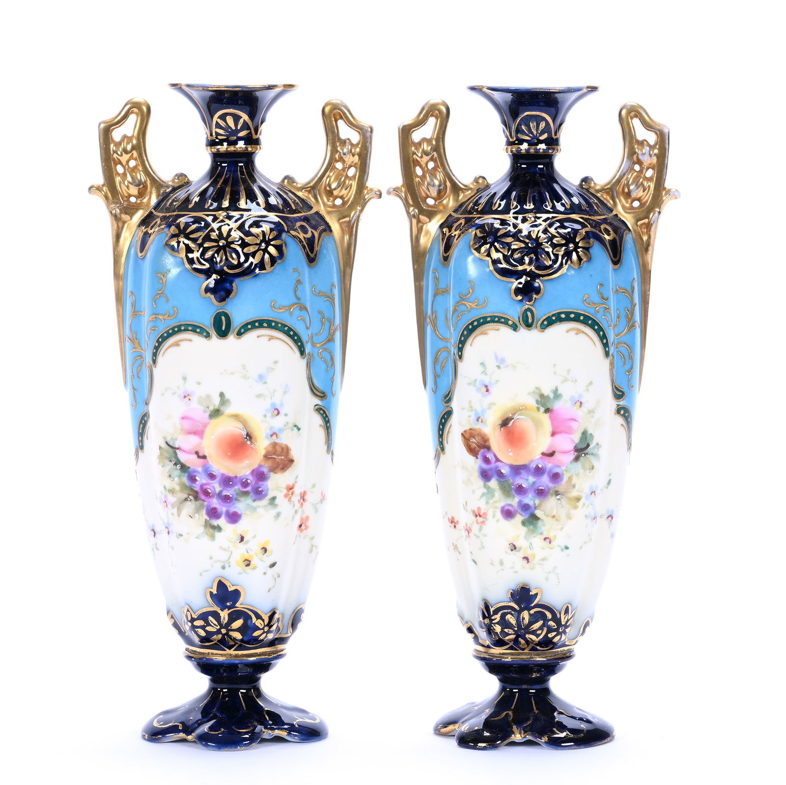 Pair Of Two-Handled Vase, Marked Rudolstadt, Fruit Decor (1 of 3)