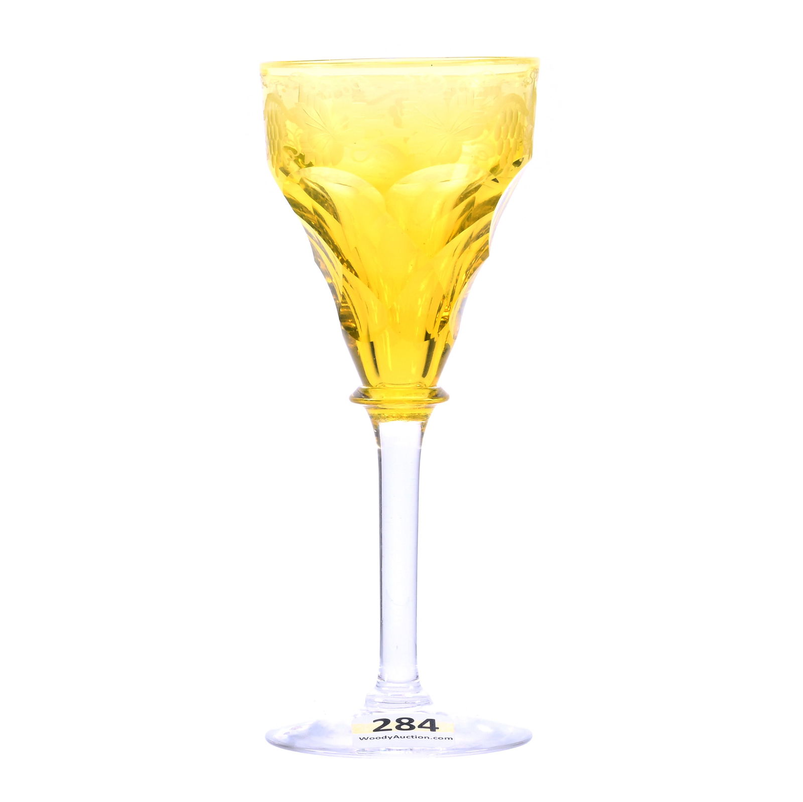 Wine Stem, Unmarked John Walsh Harlequin, Solid Yellow Bowl With Engraved Vintage Decor: Wine Stem, Unmarked John Walsh Harlequin, Solid Yellow Bowl With Engraved Vintage Decor, 5.75" x 2.5", Clear Stem And Foot, Harold & Louise Alvey, KY.