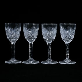 (4) Cordial Stems, American Brilliant Cut Glass, Cross Cut Diamond And Fan Motif