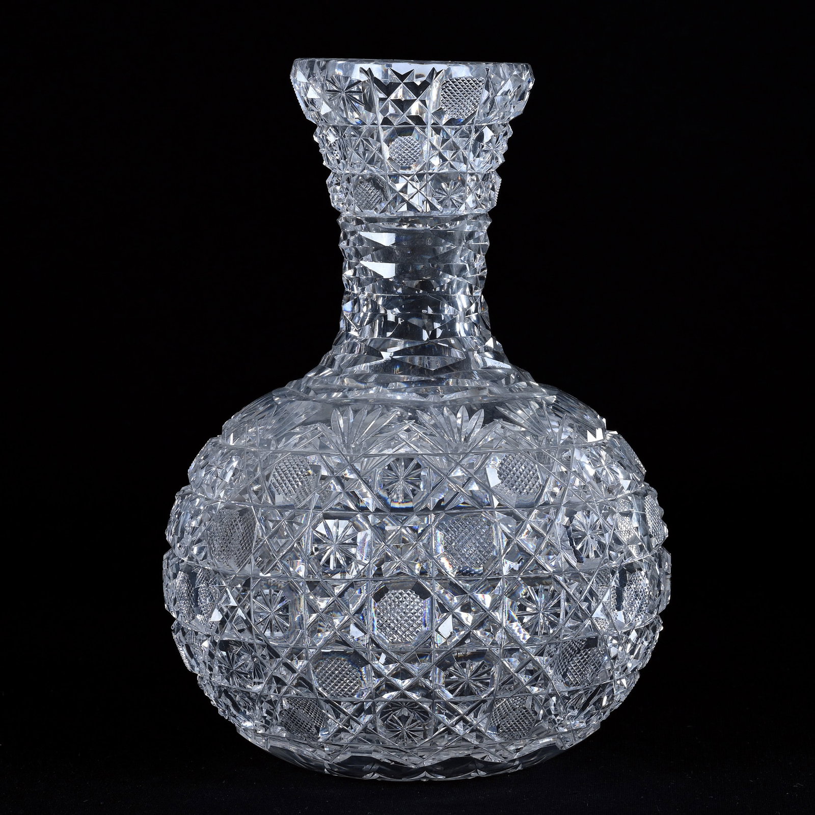 Water Carafe, American Brilliant Cut Glass, Cane Pattern, Hobstar Base: Water Carafe, American Brilliant Cut Glass, Cane Pattern, Hobstar Base, 8.25" x 6", Pattern Cut Rim, Harold & Louise Alvey, KY.