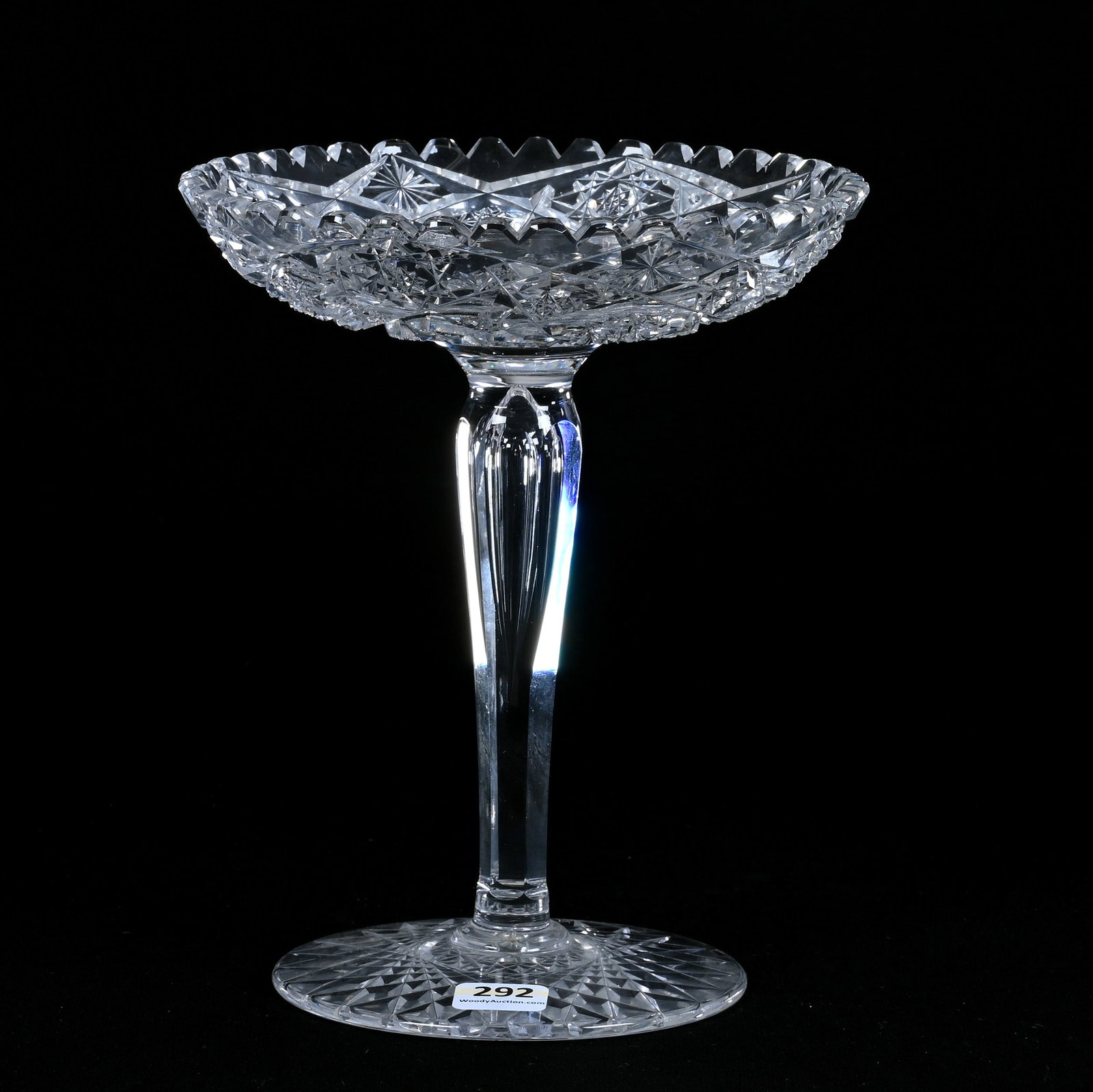 Compote, American Brilliant Cut Glass, Hobstar, Cane, And Star Motif: Compote, American Brilliant Cut Glass, Hobstar, Cane, And Star Motif, 7.75" x 6.5", Teardrop Stem, Hobstar Foot, Harold & Louise Alvey, KY.