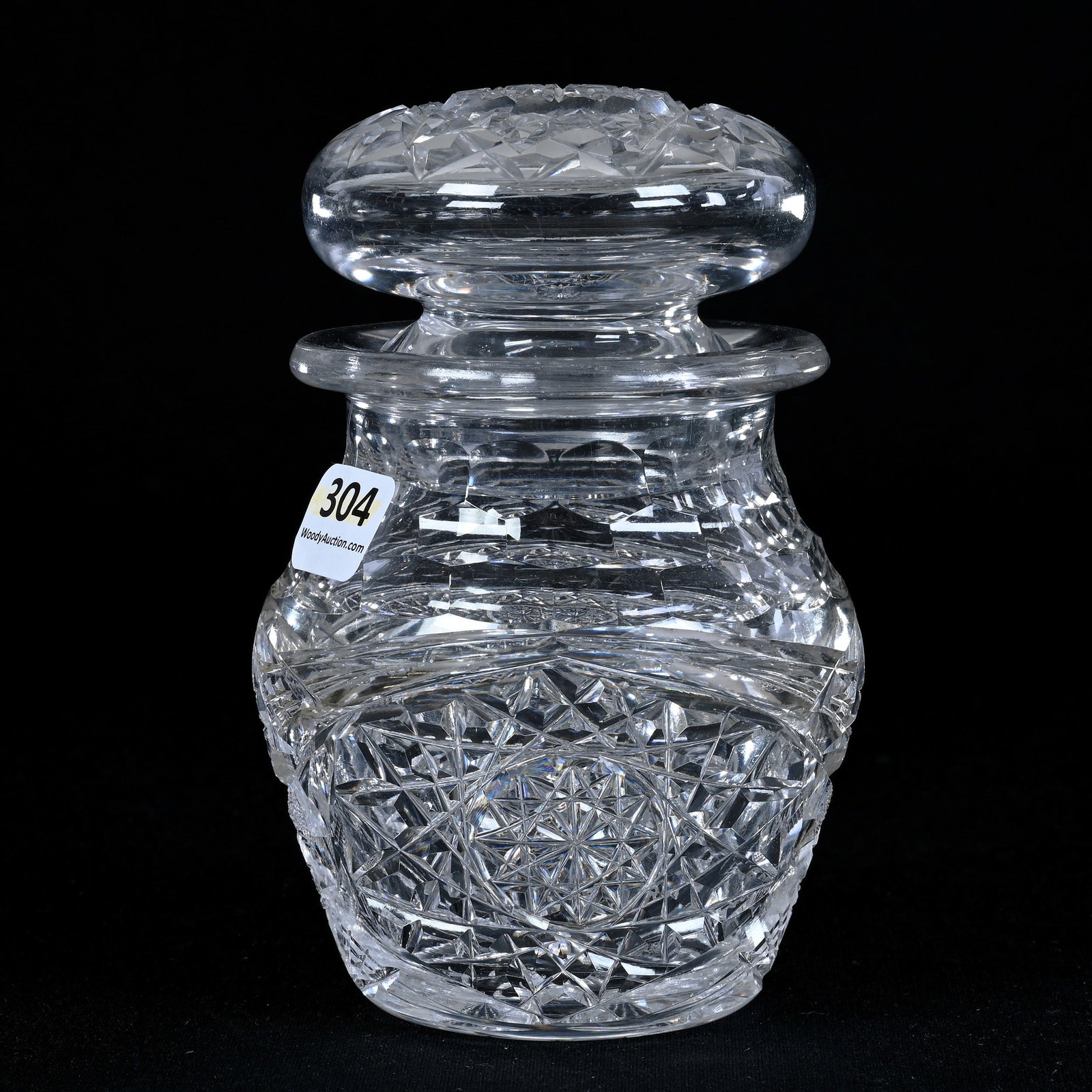 Cigarette Jar, ABCG, Hobstar, Strawberry Diamond, Crosscut Diamond, And Fan Motif: Cigarette Jar, ABCG, Hobstar, Strawberry Diamond, Crosscut Diamond, And Fan Motif, 5.5" x 3.5", Hobstar Cut Lid, Ray Cut Base, Slightly Discolored Band Around Jar, Harold & Louise Alvey, KY.