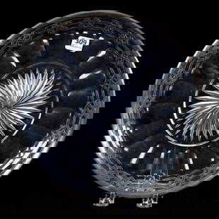 Sandwich Plate, American Brilliant Cut Glass, Celtic Style Engraved Border: Sandwich Plate, American Brilliant Cut Glass, Celtic Style Engraved Border, 10", Ray Cut Wafer Base, Signed Wilcox Sterling Silver Rim, Harold & Louise Alvey, KY.