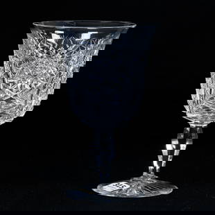 Water Goblet, American Brilliant Cut Glass, Hobstar, Vesica, Cane, Fan, And Star Motif: Water Goblet, American Brilliant Cut Glass, Hobstar, Vesica, Cane, Fan, And Star Motif, 6" x 3.5", Harold & Louise Alvey, KY.