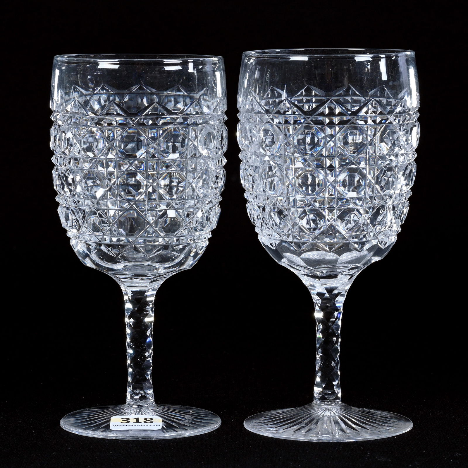 Pair Of Water Goblets, American Brilliant Cut Glass, Cane Pattern, Diamond Cut Stems: Pair Of Water Goblets, American Brilliant Cut Glass, Cane Pattern, Diamond Cut Stems, 6.5" x 3", Ray Cut Foot, Harold & Louise Alvey, KY.