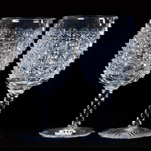 Pair Of Water Goblets, American Brilliant Cut Glass, Cane Pattern, Diamond Cut Stems: Pair Of Water Goblets, American Brilliant Cut Glass, Cane Pattern, Diamond Cut Stems, 6.5" x 3", Ray Cut Foot, Harold & Louise Alvey, KY.