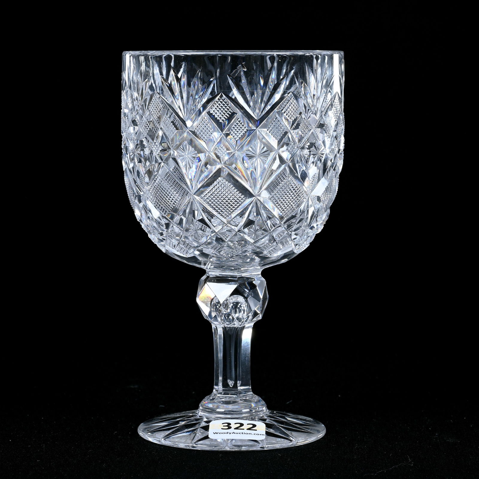 Goblet, American Brilliant Cut Glass, Venetia Pattern By Straus: Goblet, American Brilliant Cut Glass, Venetia Pattern By Straus, 6" x 3.5", Hobstar Foot, Harold & Louise Alvey, KY.