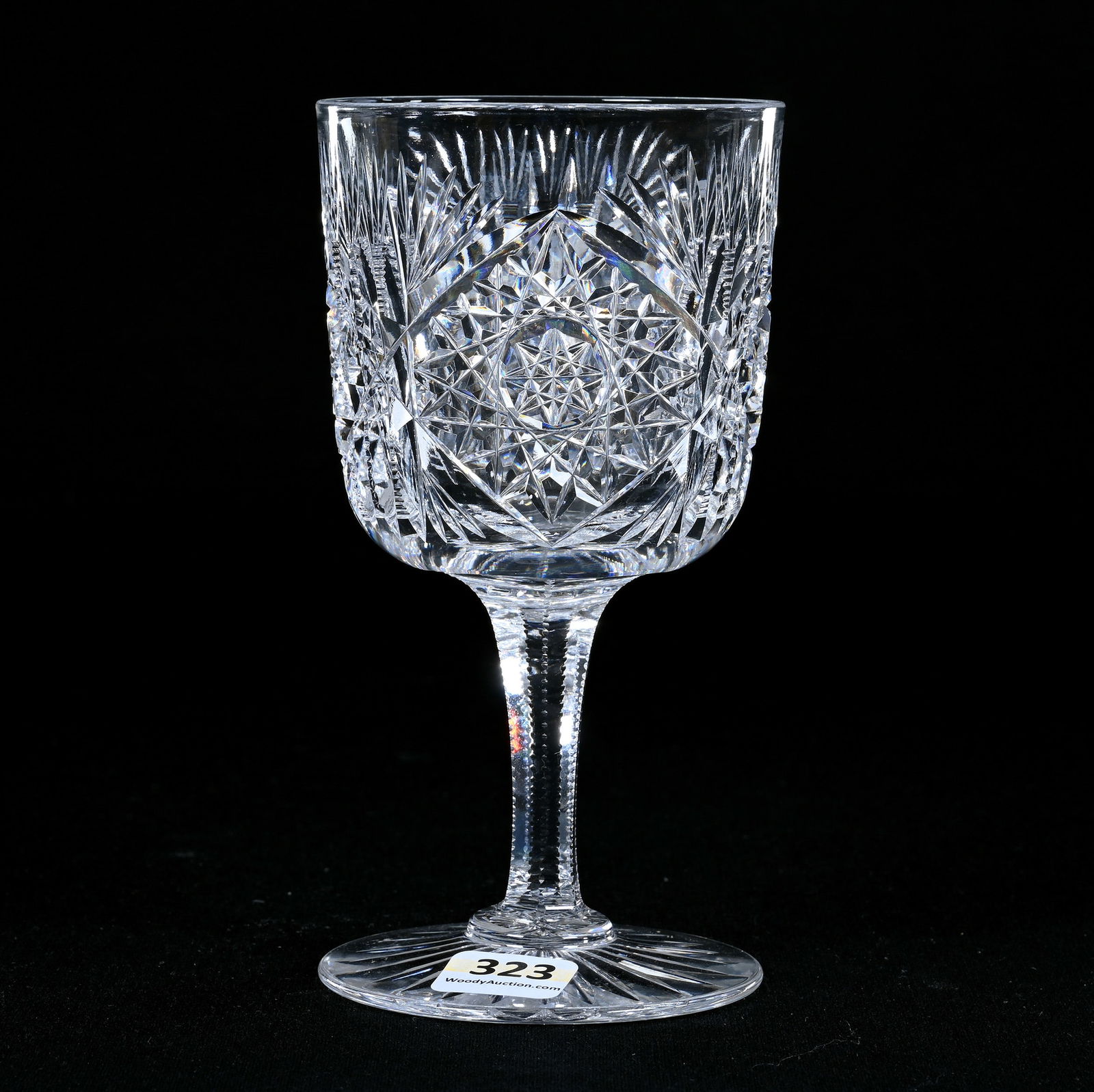 Goblet, American Brilliant Cut Glass, Hobstar, Prism, And Fan Motif: Goblet, American Brilliant Cut Glass, Hobstar, Prism, And Fan Motif, 6" x 3", Ray Cut Foot, Harold & Louise Alvey, KY.