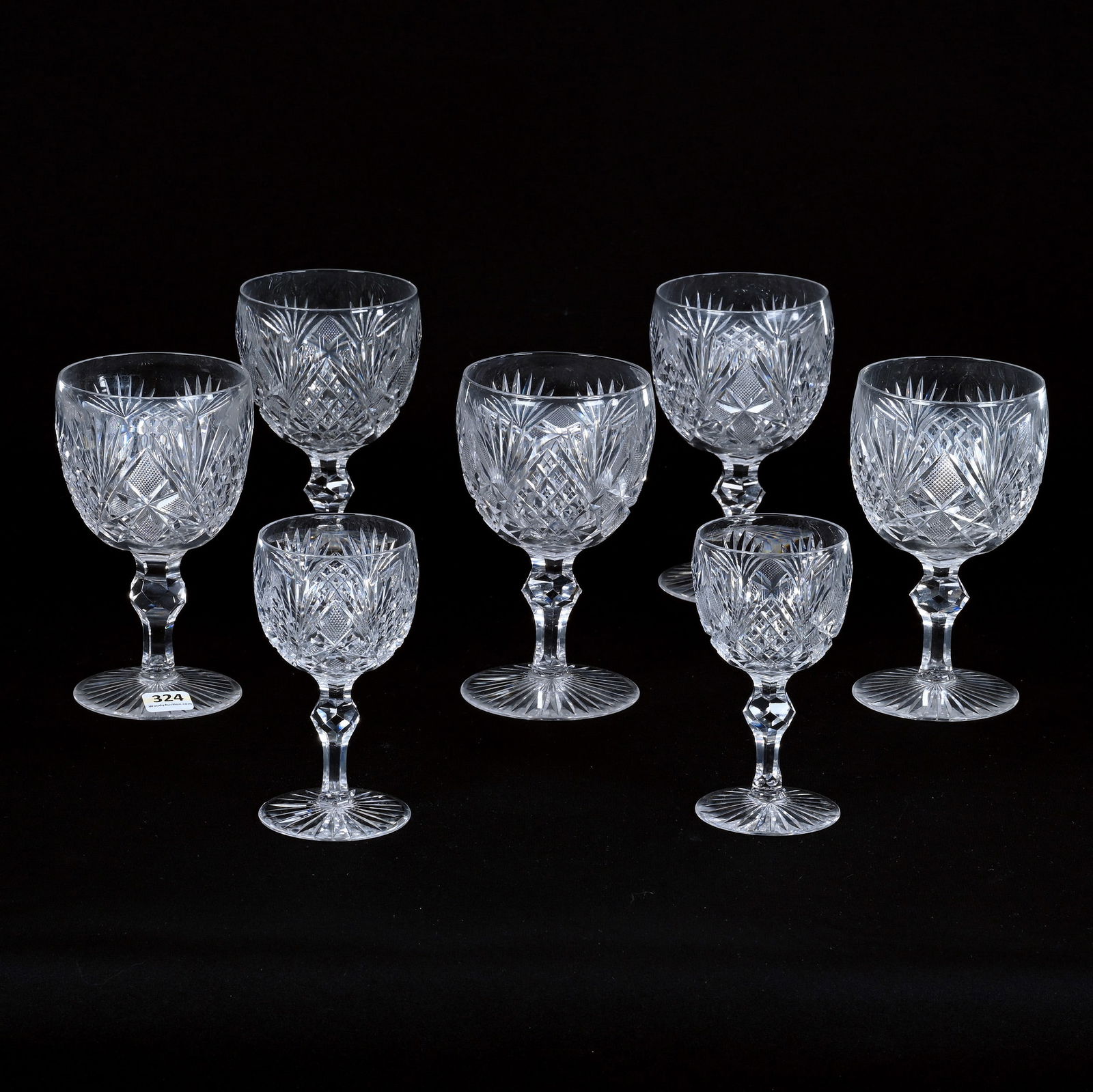 (7) American Brilliant Cut Glass Stems, Princess Pattern By Libbey: (7) American Brilliant Cut Glass Stems, Princess Pattern By Libbey, (5) 6" x 3.5" Goblets, (2) 5" x 2.75" Wine Stems, All With Ray Cut Foot, Harold & Louise Alvey, KY.