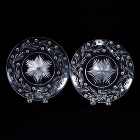 Pair Of Sandwich Plates, ABCG, Ray Cut Wafer Center, Blossom And Leaf Border