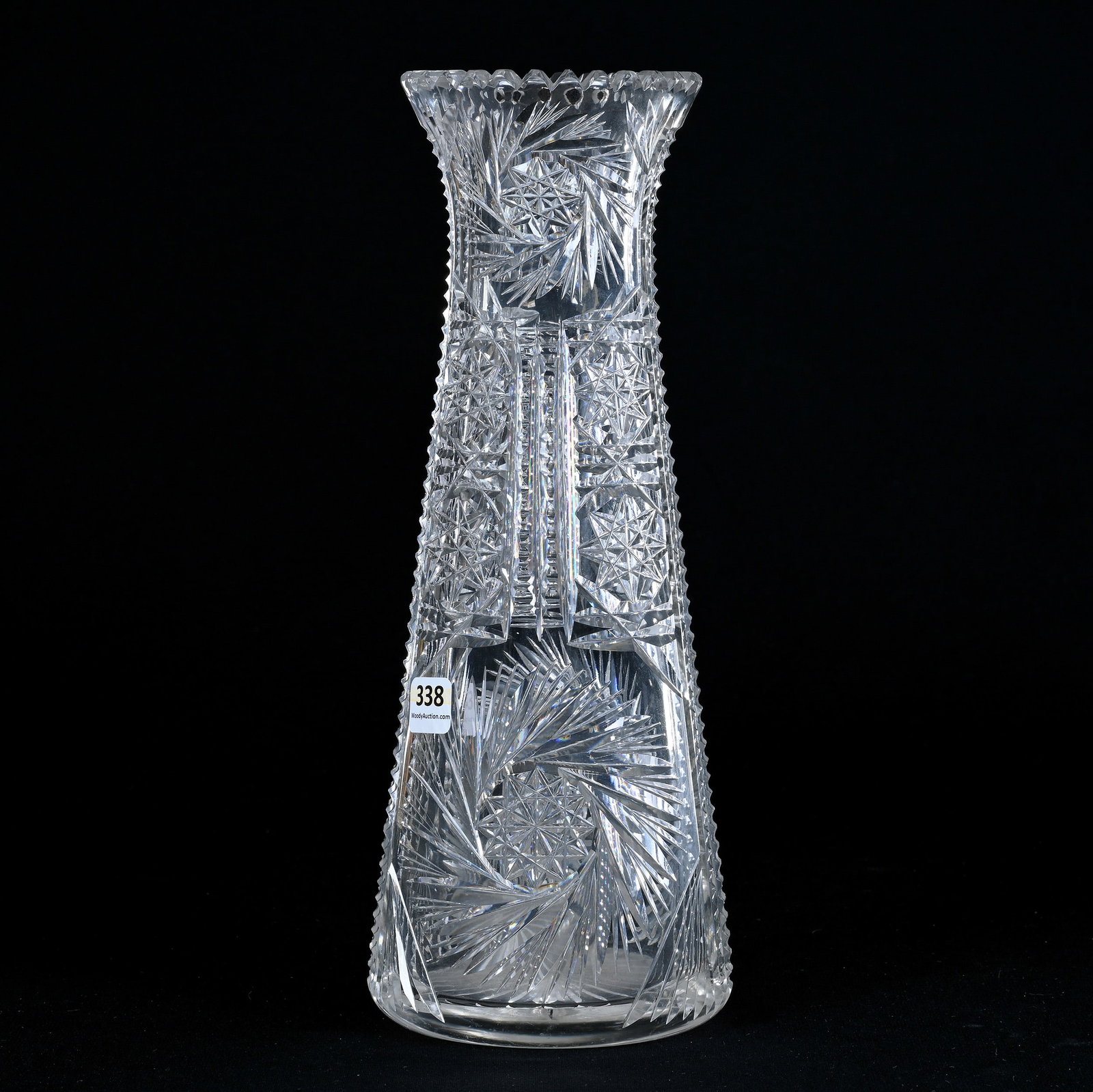 Vase, American Brilliant Cut Glass, Pinwheel, Hobstar, And Prism Motif: Vase, American Brilliant Cut Glass, Pinwheel, Hobstar, And Prism Motif, 12" x 4.75", Ray Cut Base, Harold & Louise Alvey, KY.