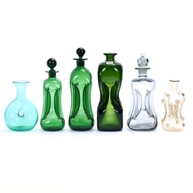 (6) Danish Hand Blown Colored Decanters/Bottles