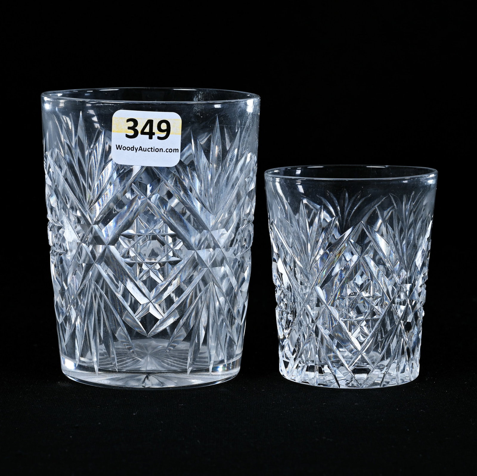 (2) Tumblers, American Brilliant Cut Glass, Middlesex Pattern By Hawkes: (2) Tumblers, American Brilliant Cut Glass, Middlesex Pattern By Hawkes, (1) 3.75" x 3" Tumbler, (1) 2.75" x 2.25" Whiskey Tumbler, Harold & Louise Alvey, KY.