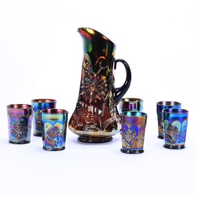 (8) Water Set, Carnival Glass, Northwood's Dandelion Pattern, Amethyst