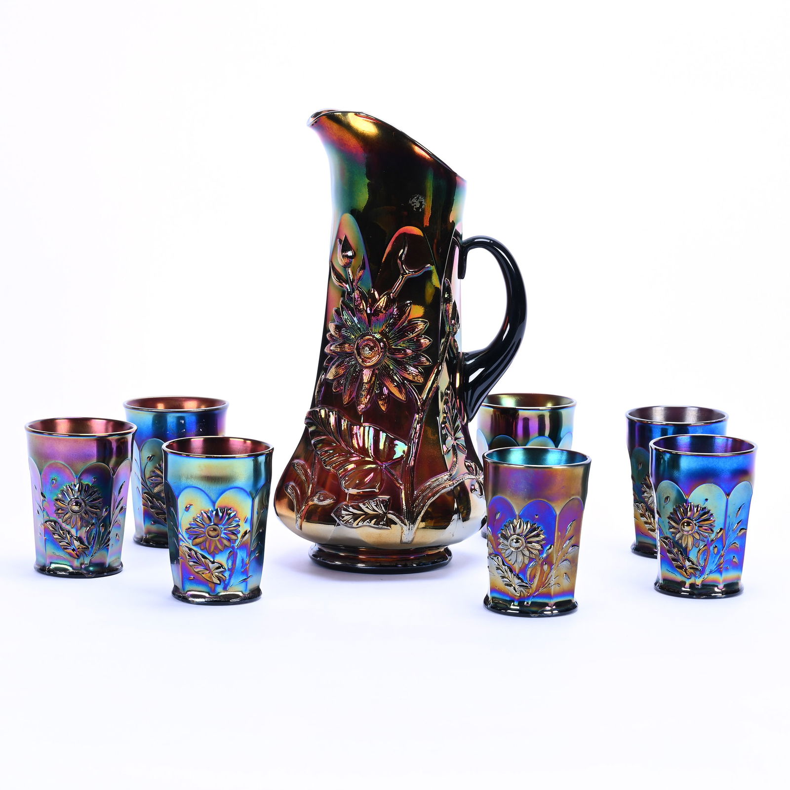 (8) Water Set, Carnival Glass, Northwood's Dandelion Pattern, Amethyst (1 of 3)