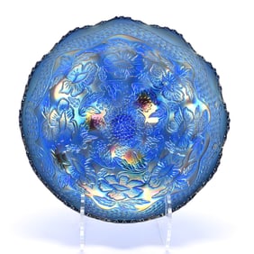 Footed Bowl, Carnival Glass Two-Flowers Pattern By Fenton, Blue