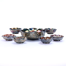 Banana Bowl Shaped Berry Set, Carnival Glass Wreathed Cherry Pattern By Dugan