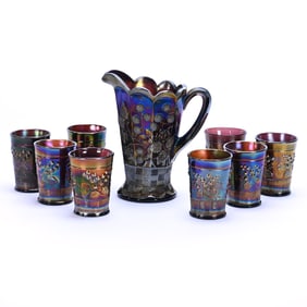 Water Set, Carnival Glass Raspberry Pattern By Northwood, Purple