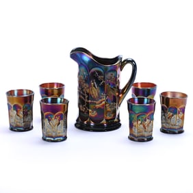 Water Set, Carnival Glass Singing Bird Pattern By Northwood, Amethyst