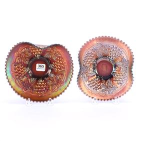 (2) Hand Grip Plates, Carnival Glass, Grape And Cable Pattern By Northwood
