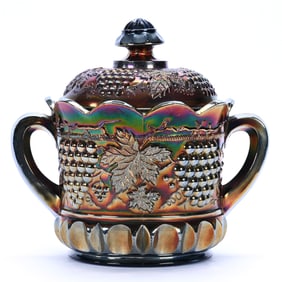 Two-Handled Cracker Jar, Carnival Glass, Grape And Cable Pattern By Northwood