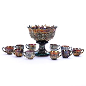 Punch Set, Carnival Glass, Grape And Cable Pattern By Northwood