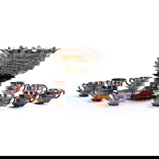 Punch Set, Carnival Glass, Grape And Cable Pattern By Northwood: Punch Set, Carnival Glass, Grape And Cable Pattern By Northwood, Amethyst, (1) 10.75" x 11" Two-Part Punch Bowl, (10) Punch Cups, Lou And The Late Norman Darland, TN.