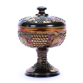 Covered Compote, Carnival Glass, Grape And Cable Pattern By Northwood