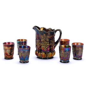 Water Set, Carnival Glass, Grape And Cable Pattern By Northwood