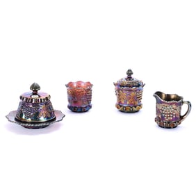 Table Set, Carnival Glass, Grape And Cable Pattern By Northwood