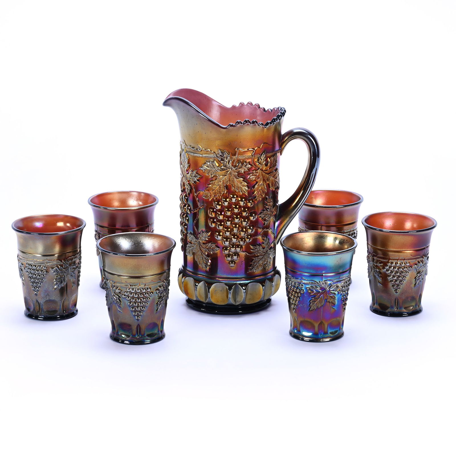 Tankard Water Set, Carnival Glass, Grape And Cable By Northwood (1 of 3)