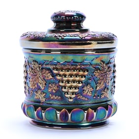 Souvenir Humidor, Carnival Glass, Grape And Cable Pattern By Fenton