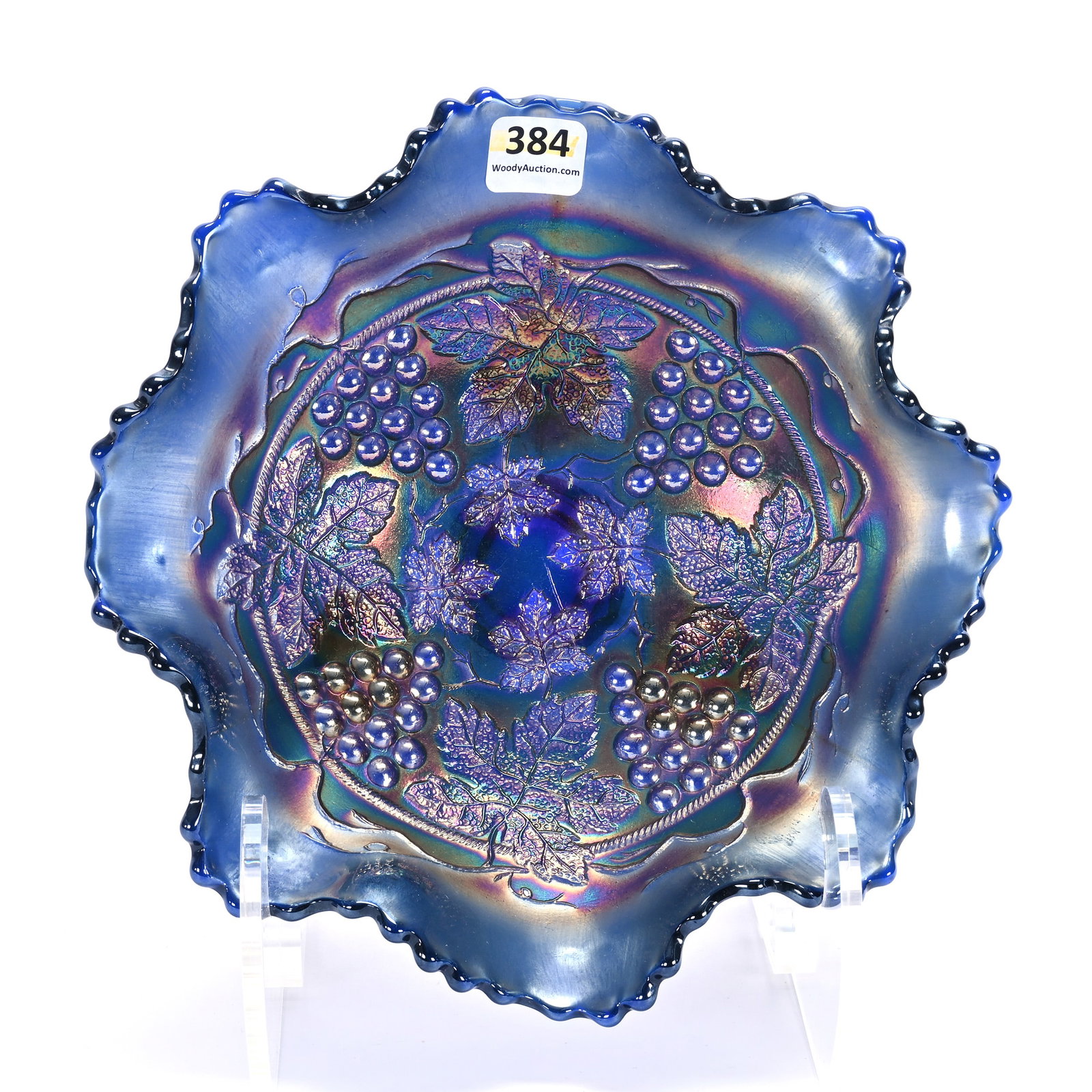 Bowl, Carnival Glass, Grape And Cable Pattern By Fenton: Bowl, Carnival Glass, Grape And Cable Pattern By Fenton, 8", Blue, Lou And The Late Norman Darland, TN.