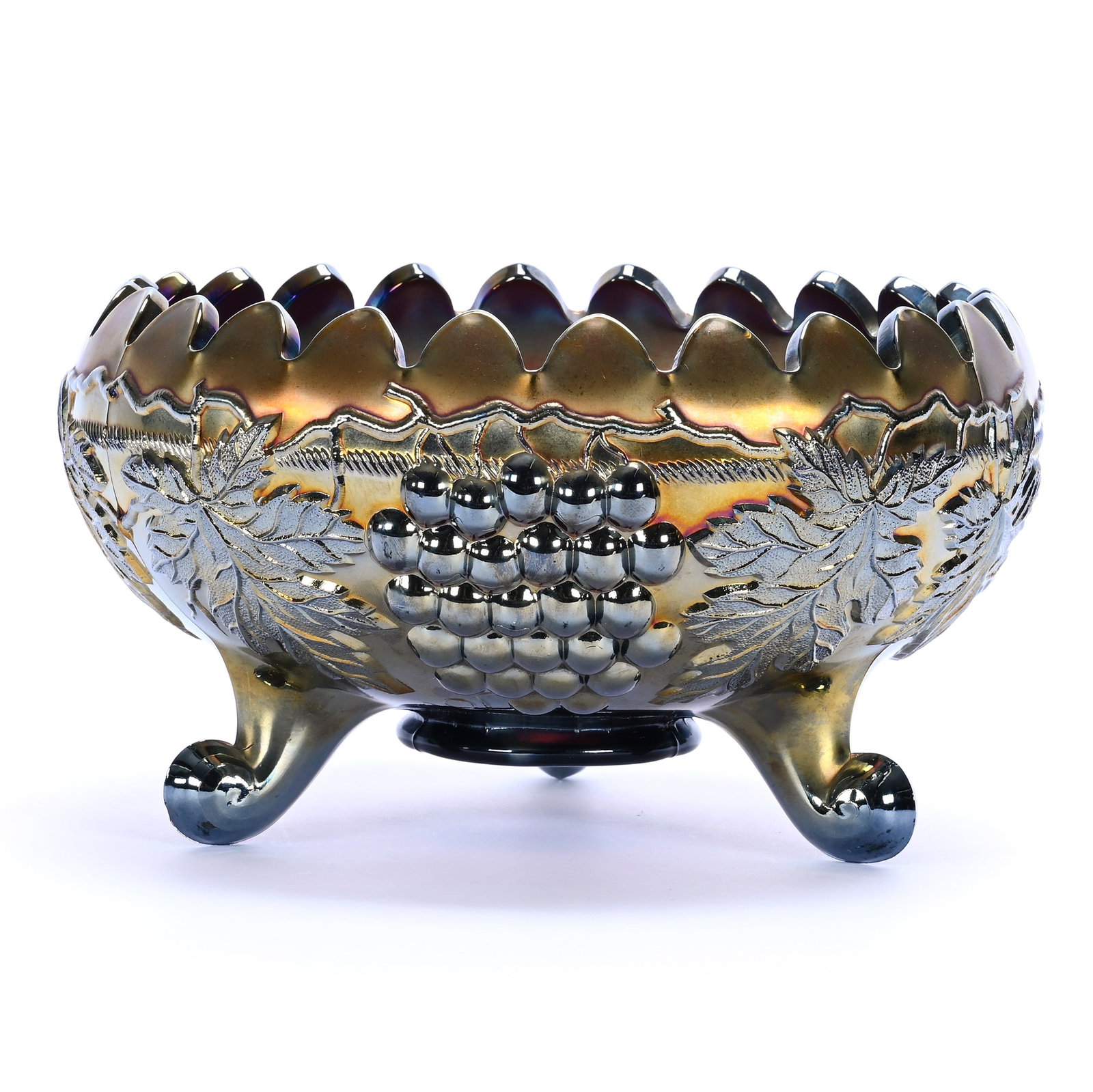 Centerpiece Bowl, Carnival Glass, Grape And Cable By Northwood: Centerpiece Bowl, Carnival Glass, Grape And Cable By Northwood, 5.25" x 9", Amethyst, Lou And The Late Norman Darland, TN.