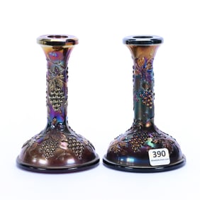 Pair Of Candle Stick Holders, Carnival Glass, Grape And Cable Pattern By Northwood